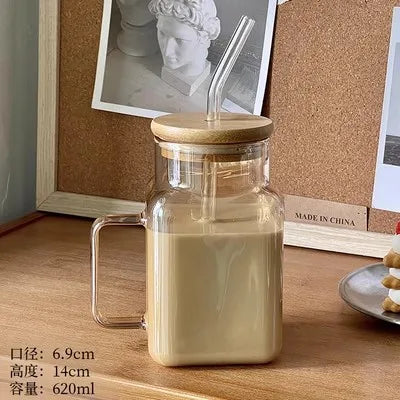 620ml Square Glass Mug with Bamboo Lid & Straw – Clear Amber Rainbow Electroplated Coffee Cup - SQN station By 22GM-style