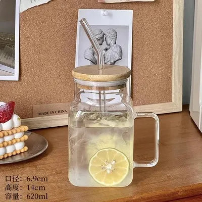 620ml Square Glass Mug with Bamboo Lid & Straw – Clear Amber Rainbow Electroplated Coffee Cup - SQN station By 22GM-style