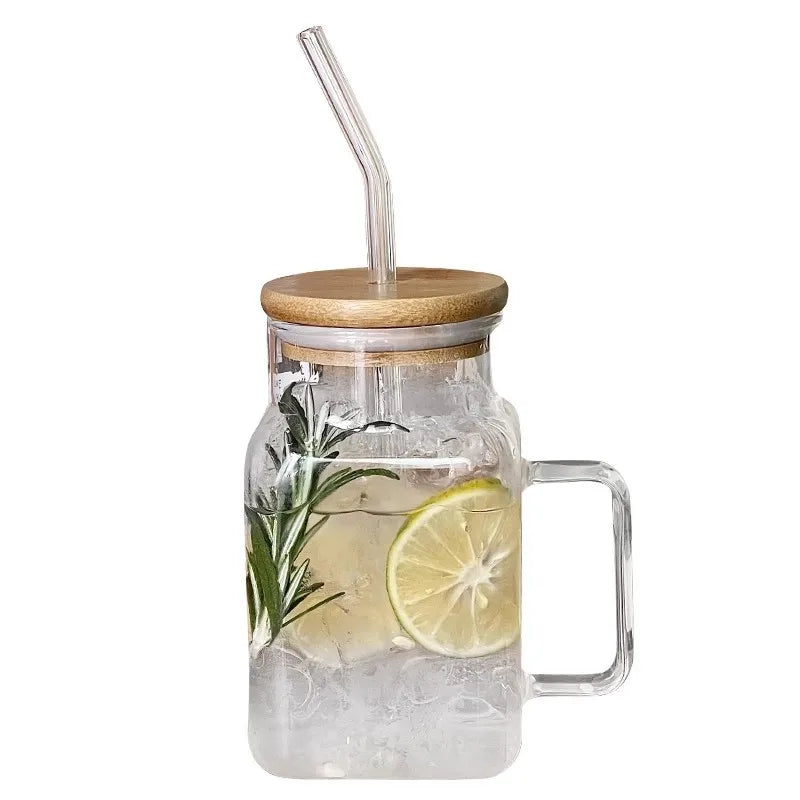 620ml Square Glass Mug with Bamboo Lid & Straw – Clear Amber Rainbow Electroplated Coffee Cup - SQN station By 22GM-style
