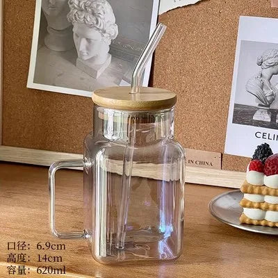620ml Square Glass Mug with Bamboo Lid & Straw – Clear Amber Rainbow Electroplated Coffee Cup - SQN station By 22GM-style