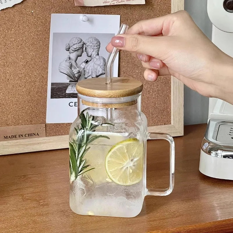 620ml Square Glass Mug with Bamboo Lid & Straw – Clear Amber Rainbow Electroplated Coffee Cup - SQN station By 22GM-style