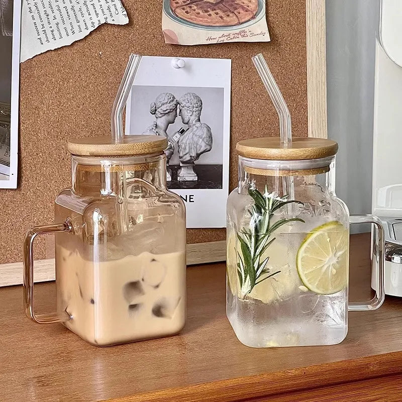 620ml Square Glass Mug with Bamboo Lid & Straw – Clear Amber Rainbow Electroplated Coffee Cup - SQN station By 22GM-style