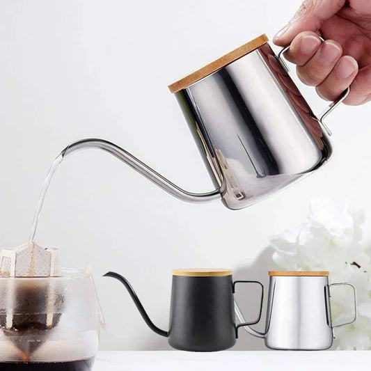 Stainless Steel Drip Kettle – 250ml/350ml Gooseneck Coffee & Tea Pot with Bamboo Lid for Pour Over