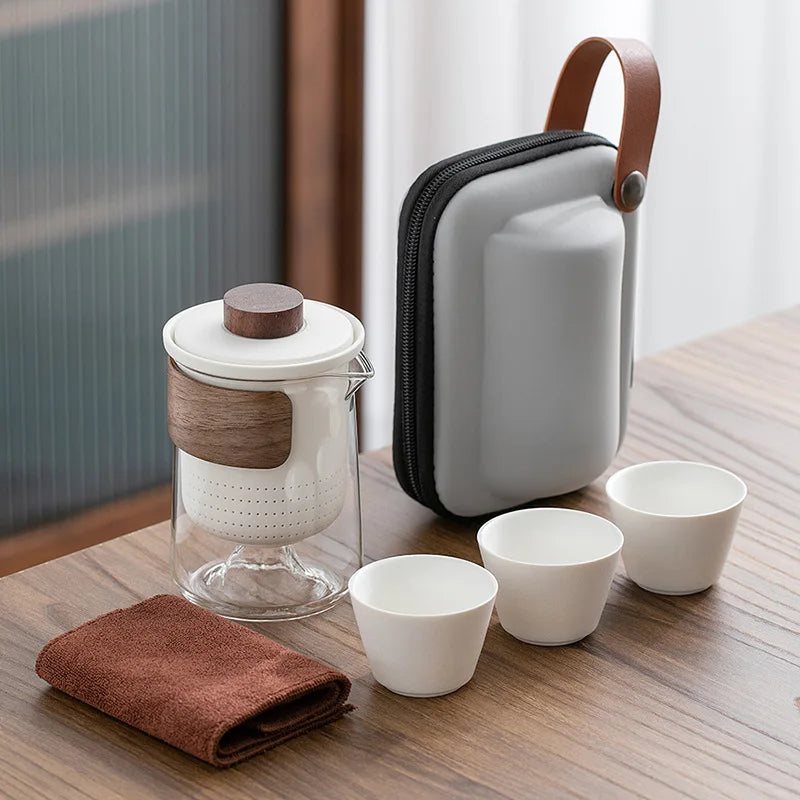 4pcs Kuai Ke Cup Travel Tea Set Carrying Bag Kung Fu Tea Cup Glass 1 Pot 3 Ceramic Cup Outdoor Teapot Small Set Cup Set - SQN station