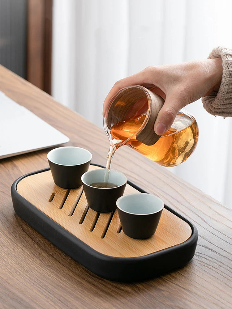 4pcs Kuai Ke Cup Travel Tea Set Carrying Bag Kung Fu Tea Cup Glass 1 Pot 3 Ceramic Cup Outdoor Teapot Small Set Cup Set - SQN station