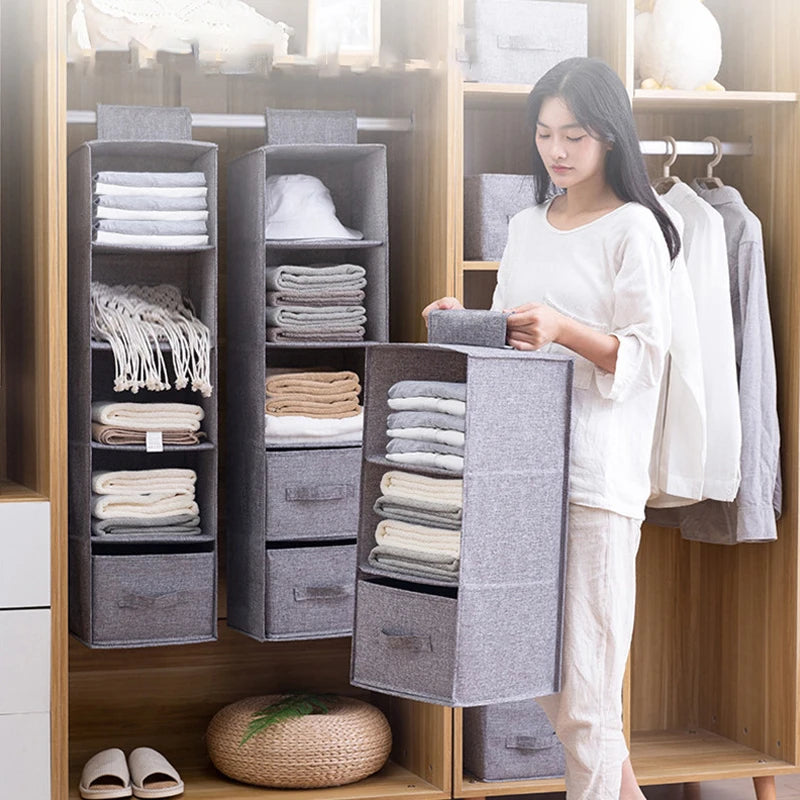 Cotton Linen Hanging Storage Organizer – Drawer Style Wardrobe Hanging Bag - SQN station By 22GM-style