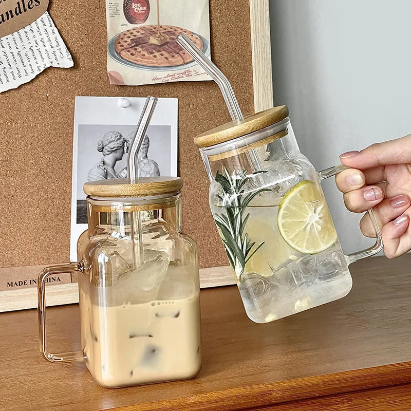 620ml Square Glass Mug with Bamboo Lid & Straw – Clear Amber Rainbow Electroplated Coffee Cup - SQN station By 22GM-style