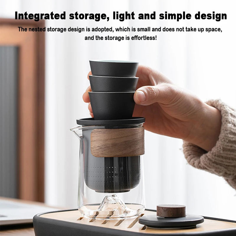 4pcs Kuai Ke Cup Travel Tea Set Carrying Bag Kung Fu Tea Cup Glass 1 Pot 3 Ceramic Cup Outdoor Teapot Small Set Cup Set - SQN station